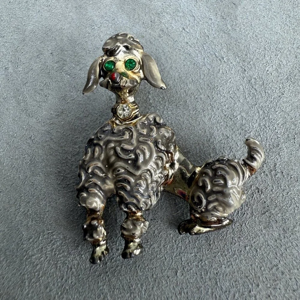 Vintage 50s Silver Tone Poodle Brooch w/ Enamel & Green Rhinestone Eyes